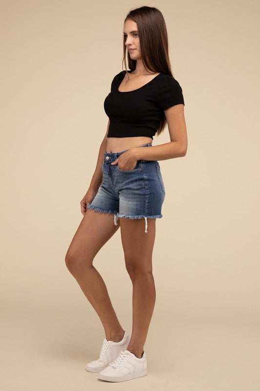 Zenana Mid Rise Raw Hem Denim Shorts