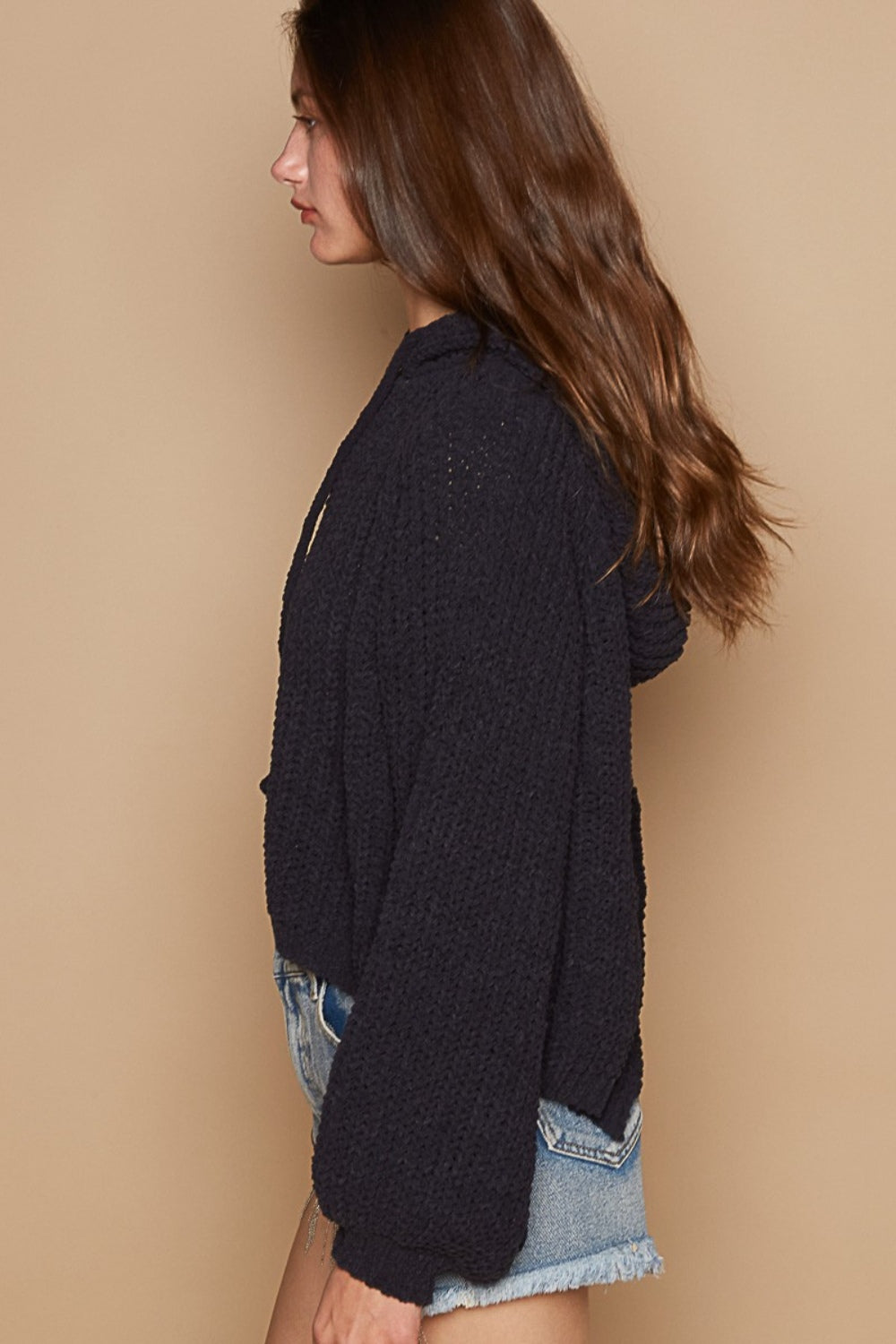 POL Hooded Open Back Slit Balloon Sleeve Cropped Sweater in Indigo NWT