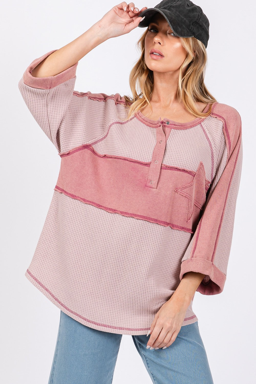 SAGE + FIG Color Block Waffle Knit Star Patch Henley Top in Mauve Pink NWT