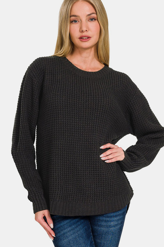 Zenana High-Low Hem Waffle-Knit Tunic Sweater in Black S M L XL