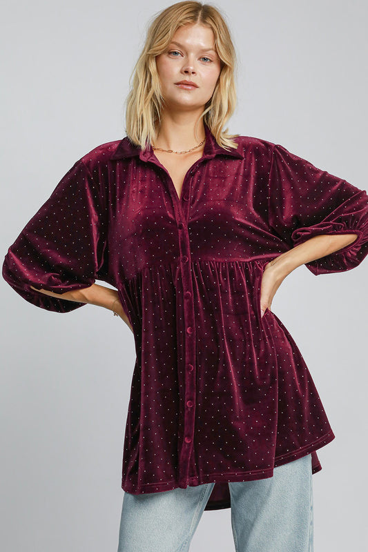 Umgee Polka Dot Half Sleeve V-Neck Velvet Tunic Top in Burgundy Red NWT