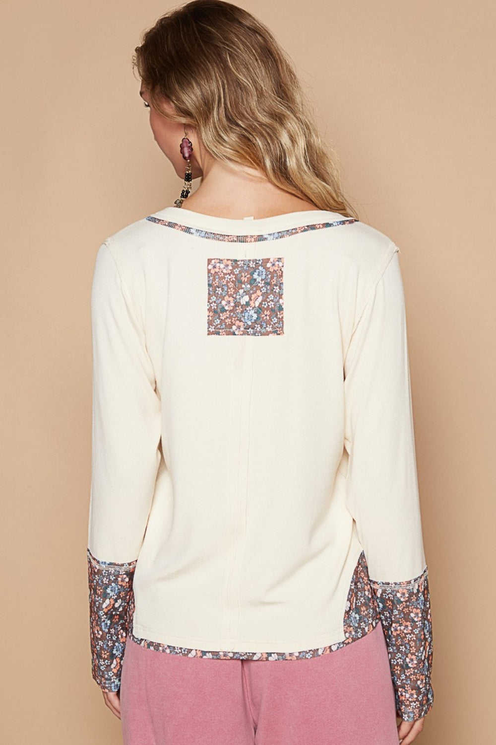 POL Floral Patchwork Number Long Sleeve V-Neck T-Shirt Rayon Stretch in Butter Milk Multi