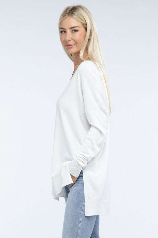 Zenana Front Seam Side Slit V-Neck Tunic Sweater in 5 Colors