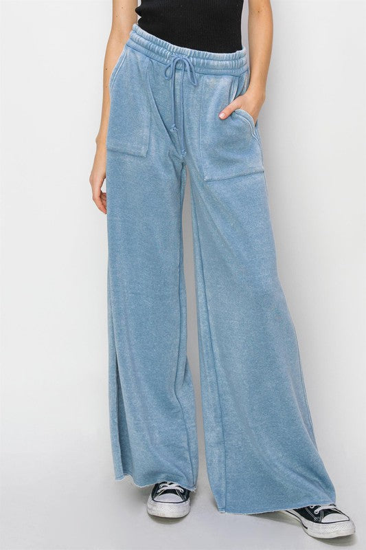 HYFVE Color Washed Wide Leg Sweatpants Raw Hem Pockets Drawstring in 3 Colors