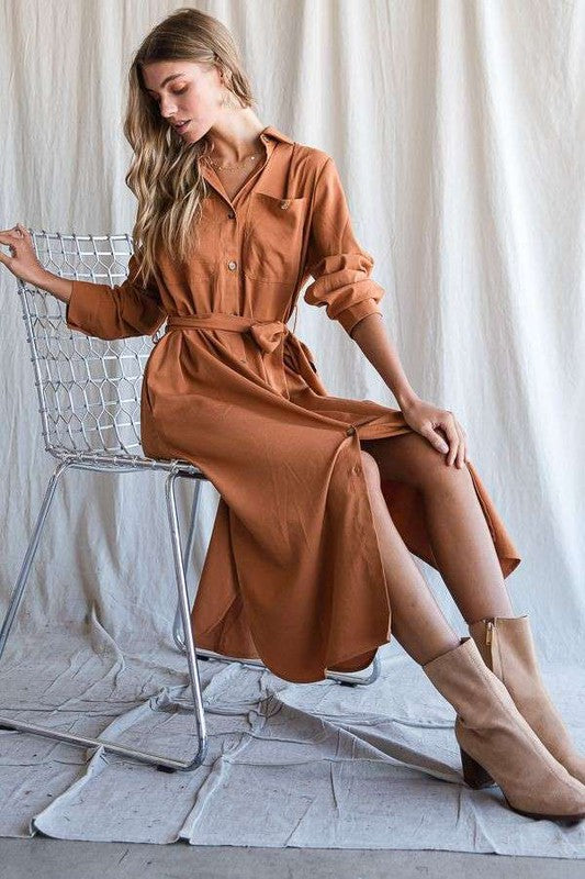 JADE BY JANE BUTTON DOWN BELTED MIDI DRESS IN 3 COLORS