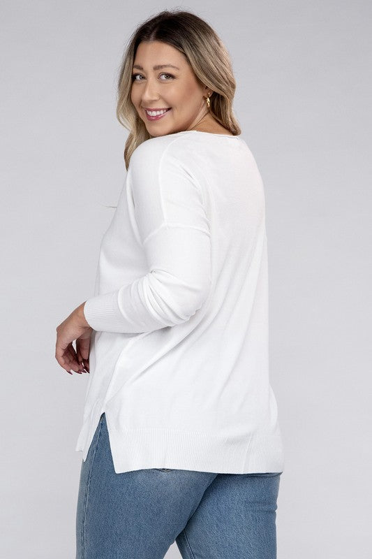 Zenana Plus Size Front Seam V-Neck Tunic Sweater