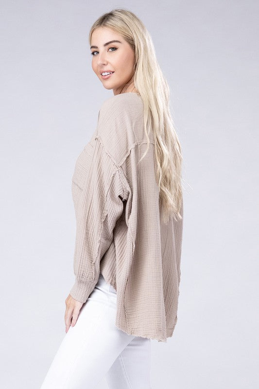 Zenana Double Cotton Gauze Oversized Raw Hem Henley Shirt in 8 Colors