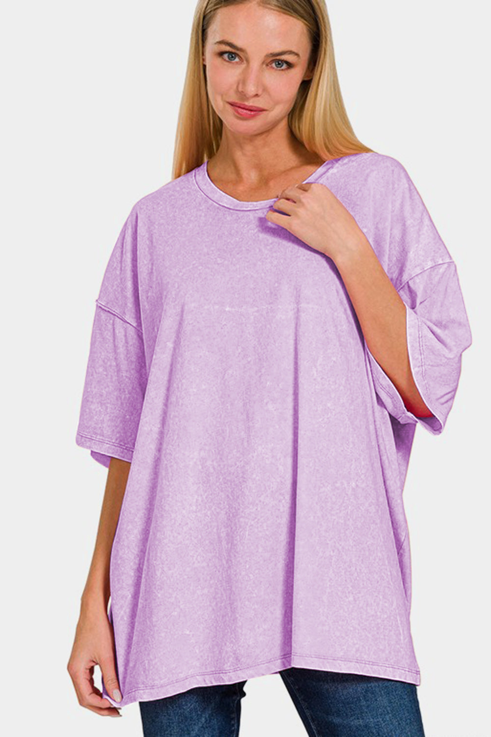 Zenana Color Washed Oversized Round Neck Short Sleeve Tunic T-Shirt in Pink Purple