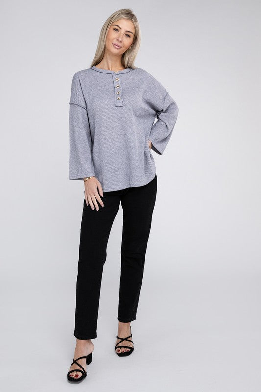 Zenana Slit Hem Bell Sleeve Ribbed Henley Sweater in 5 Colors