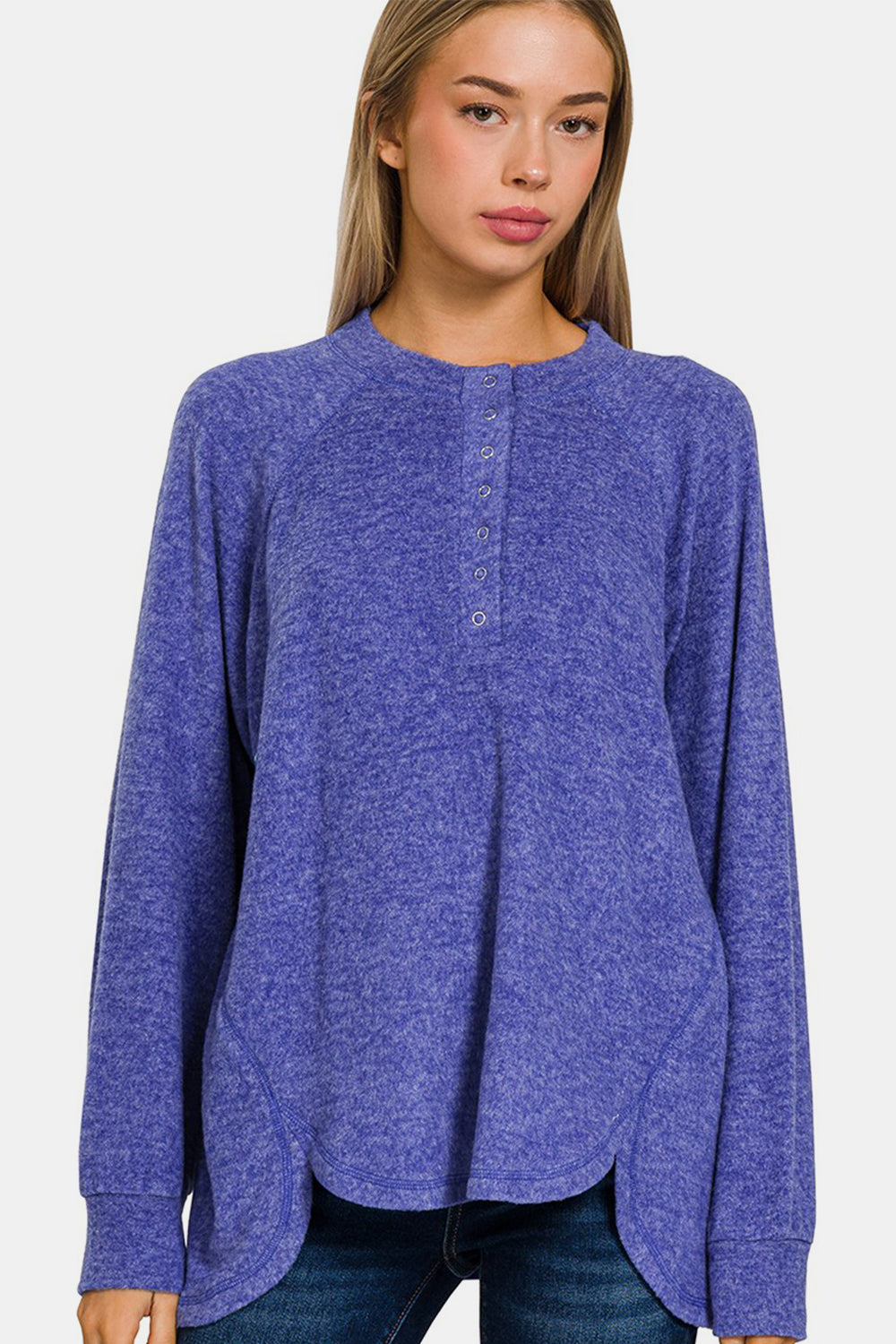 Zenana Brushed Melange Curved Hem Henley Sweater in Bright Blue