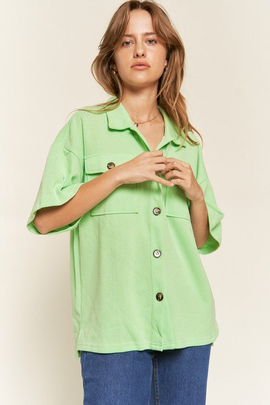 Jade By Jane Smiley Face on Back Button-Down Short Sleeve Shirt in 3 Colors