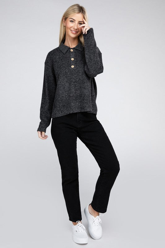 Zenana Brushed Melange Button Front Collared V-Neck Sweater in 5 Colors