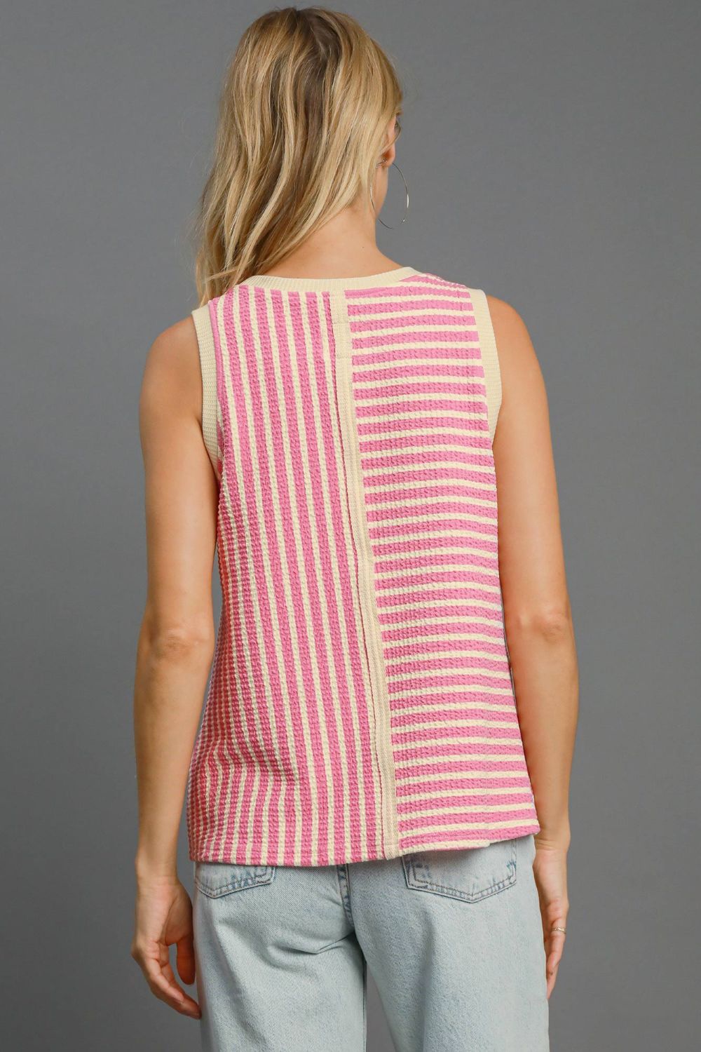 Umgee Striped Textured Round Neck Tank Top in Pink Multi NWT