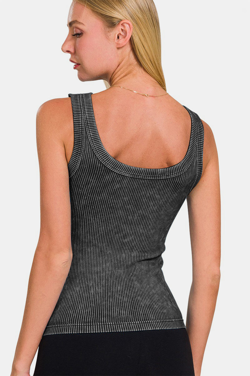 Zenana Ribbed High Neck Tank Top in Washed Black