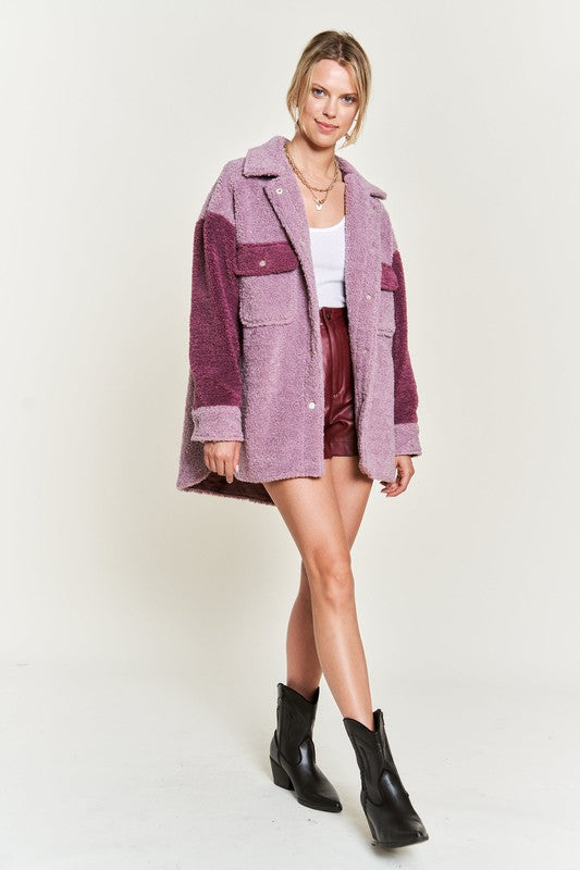 Jade By Jane Plus Colorblock Sherpa Shirt Jacket in Berry or Taupe