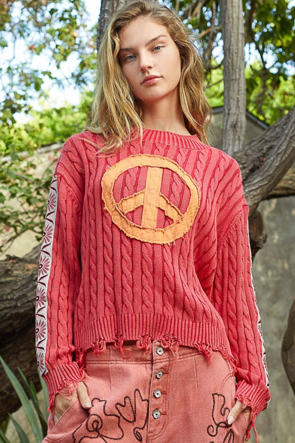 POL Washed Color Peace Patch Distressed Cable-Knit Sweater in Cherry Red Multi NWT