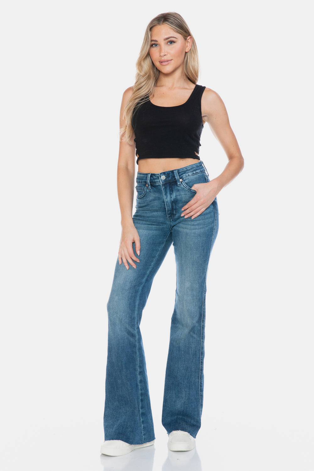 Judy Blue Full Size Tummy Control Raw Hem Flare Leg Jeans in Medium Wash Blue