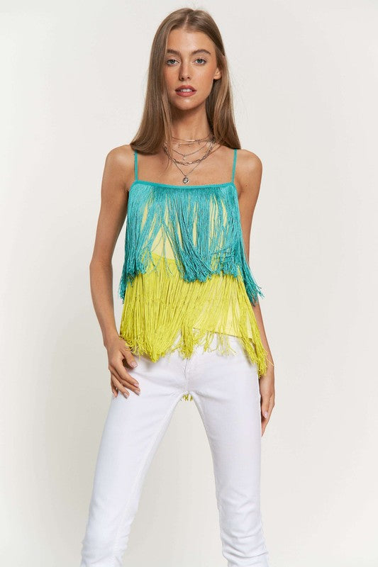 Davi & Dani Fringe Overlay Cross Straps Party Cami Top