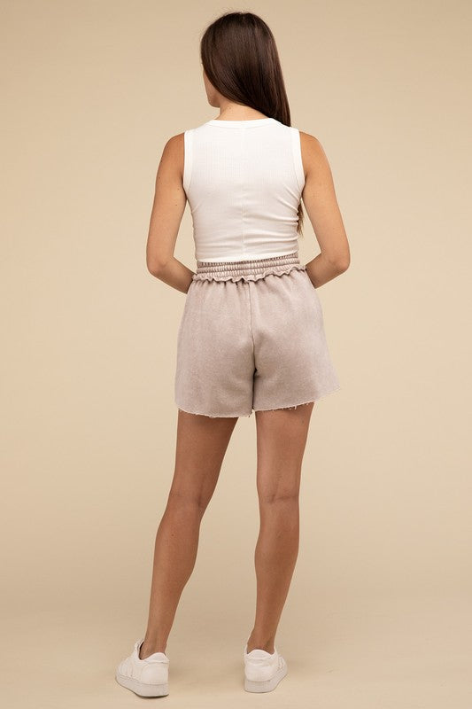 Zenana Acid Wash Fleece Drawstring Shorts with Pockets in Ash Mocha or Rust