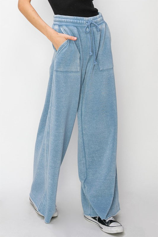 HYFVE Color Washed Wide Leg Sweatpants Raw Hem Pockets Drawstring in 3 Colors