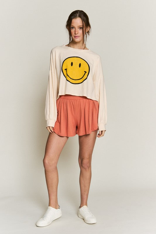 Jade by Jane Smiley Face Long Sleeve Cropped Graphic Tee in 4 Colors