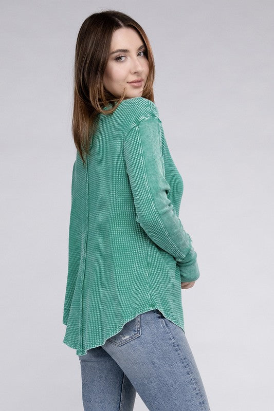 Zenana Washed Waffle-Knit Raw Hem Long Sleeve Tunic T-Shirt in 4 Colors