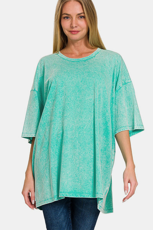 Zenana Color Washed Oversized Round Neck Short Sleeve Tunic T-Shirt in Turquoise Green