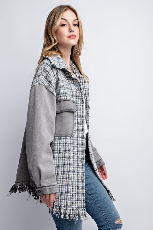 Sweet Generis Oversized Tweed and Denim Shirt Jacket with Fringed Hem