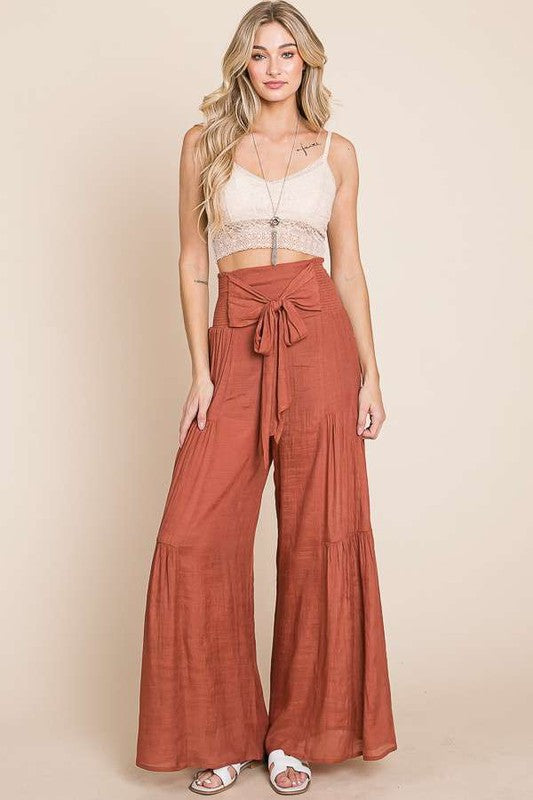 Jade By Jane Plus Size Tie Front Ruched Waist Wide Leg Pants