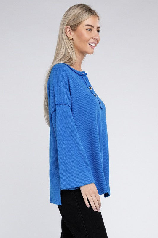 Zenana Slit Hem Bell Sleeve Ribbed Henley Sweater in 5 Colors