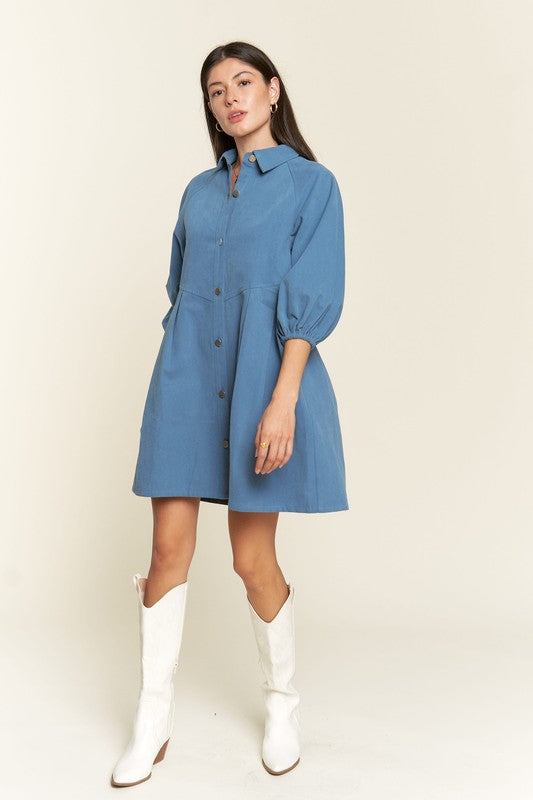 Jade By Jane Washed Denim Collared Button Front Puff Sleeve Mini Dress in 2 Colors