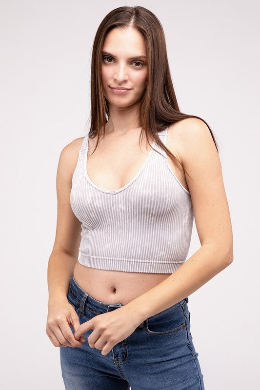 Zenana Washed Ribbed-Knit Cropped V-Neck Cami Tank Top in 4 Colors