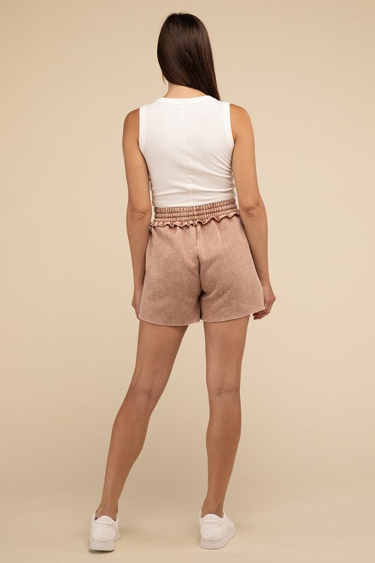 Zenana Acid Wash Fleece Drawstring Shorts with Pockets in Ash Mocha or Rust