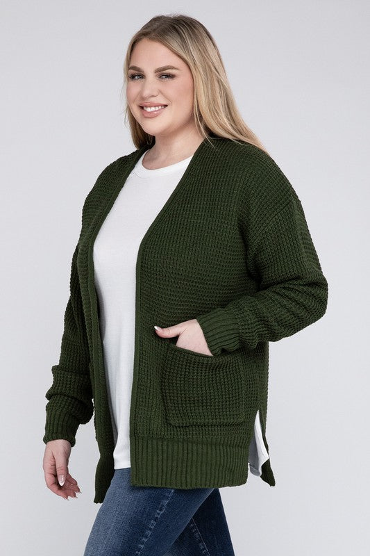 Zenana Plus Waffle-Knit Open Front Tunic Cardigan Sweater with Pockets in 4 Colors