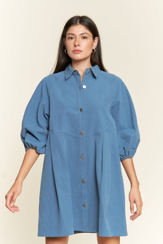 Jade By Jane Washed Denim Collared Button Front Puff Sleeve Mini Dress in 2 Colors