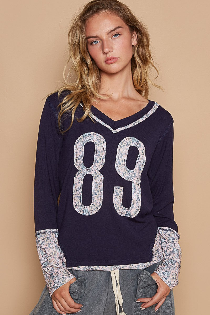 POL Floral Patchwork Number Long Sleeve V-Neck T-Shirt Top Rayon Stretch in Indigo Multi