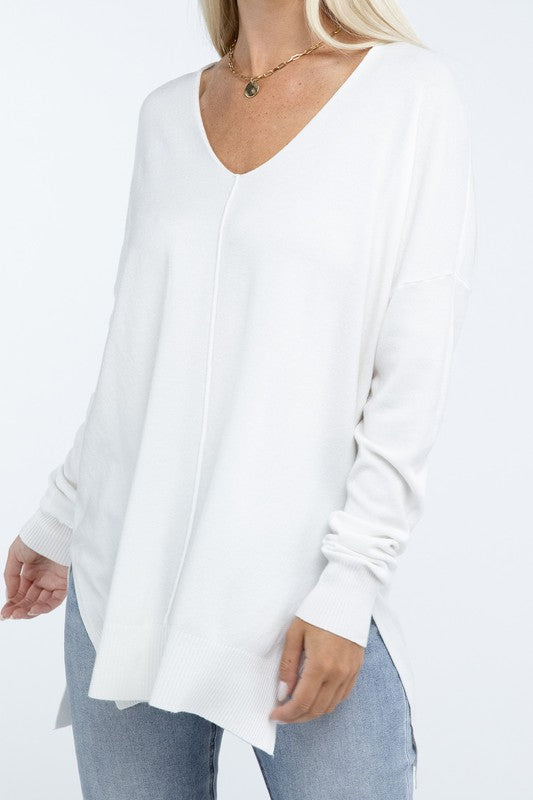 Zenana Front Seam Side Slit V-Neck Tunic Sweater in 5 Colors