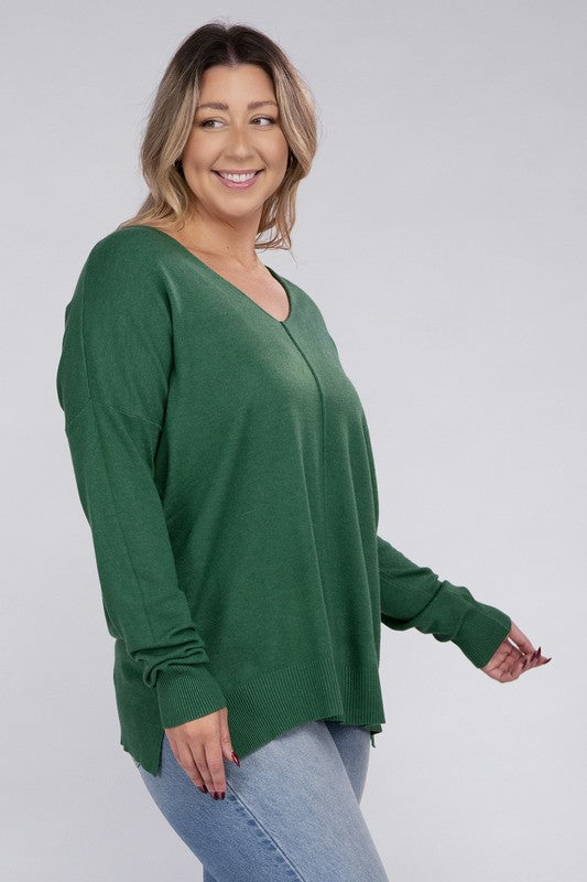 Zenana Plus Size Front Seam V-Neck Tunic Sweater