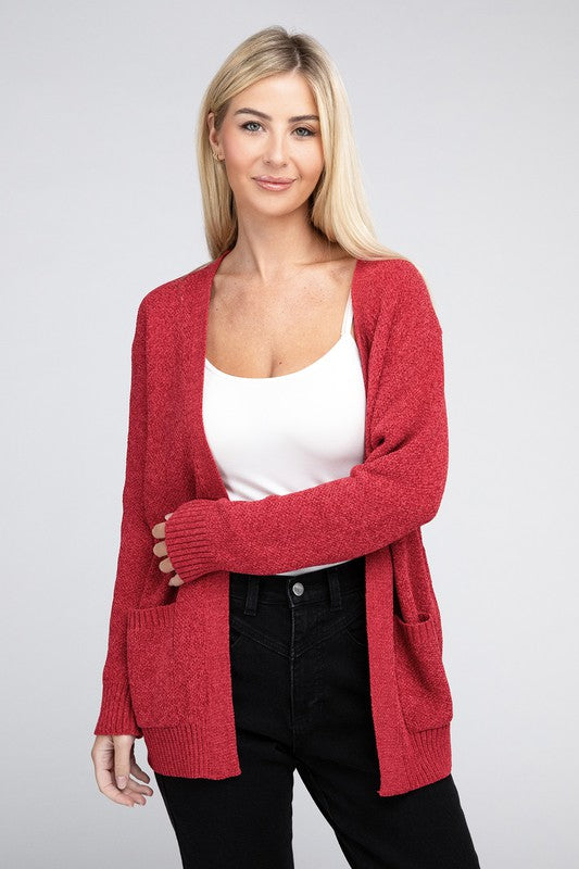 Zenana Melange Open Front Cardigan Sweater with Pockets in 4 Colors