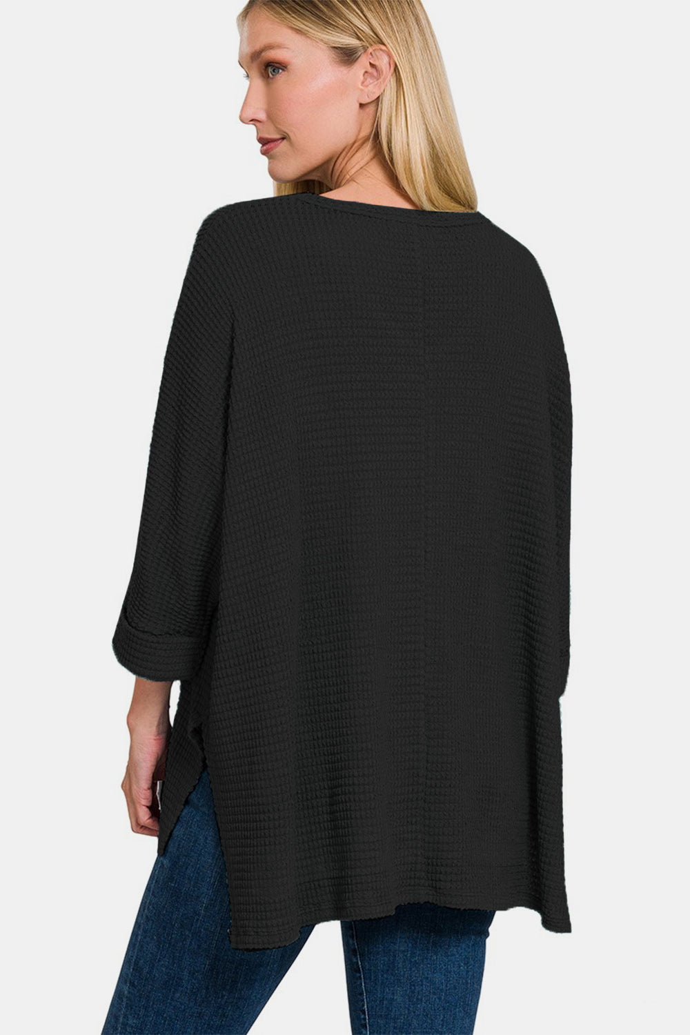 Zenana Oversized Waffle-Knit 3/4 Sleeve V-Neck Top in Black NWT