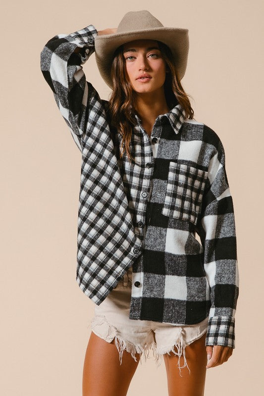 BiBi Plaid Fleece Long Sleeve Button-Down Shirt in Black-White NWT