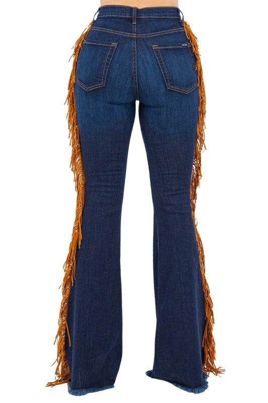 GJG Denim Texas Sun Gold Fringe Bell Bottom Jeans in Dark Blue 30" Inseam