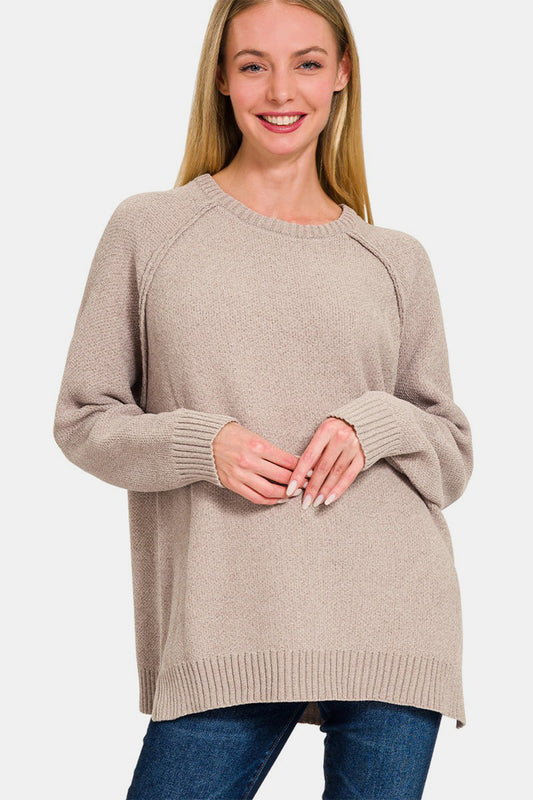 Zenana Exposed Seam Raglan Sleeve Crew Neck Sweater in Light Mocha Brown