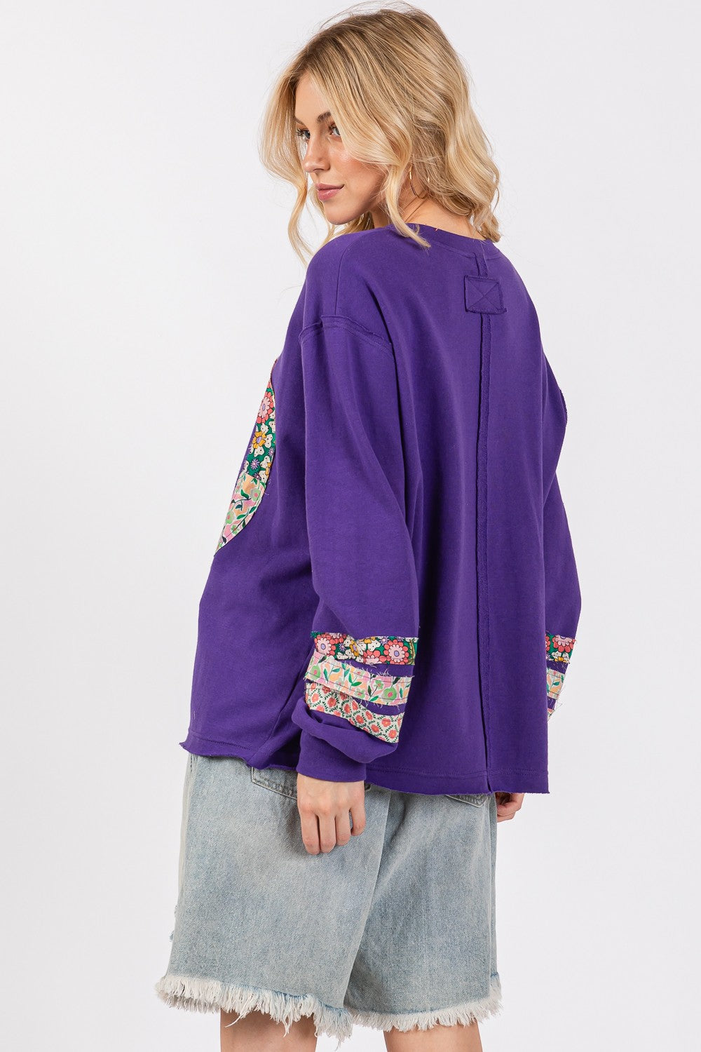 SAGE + FIG Peace Patch Exposed Seam Round Neck Tunic Top in Blueberry Purple Multi