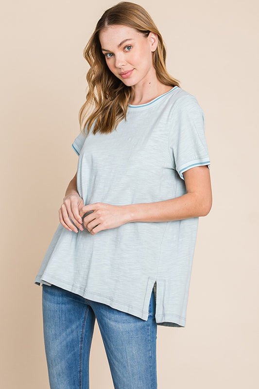 Cotton Bleu Contrasting Trim Oversized T-Shirt in Seafoam