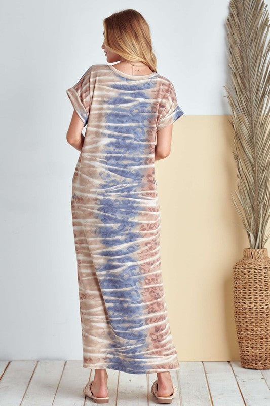 JADE BY JANE TIE-DYE SHORT SLEEVE SIDE SLIT MAXI DRESS