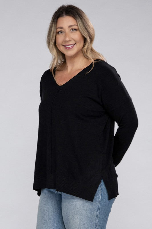 Zenana Plus Size Front Seam V-Neck Tunic Sweater