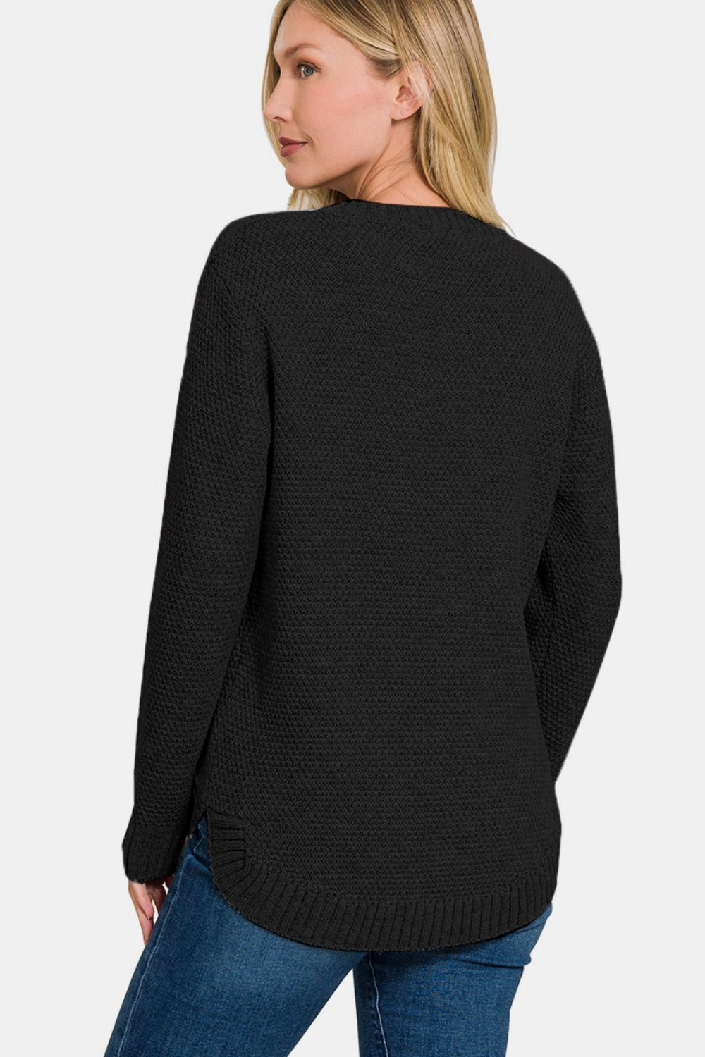 Zenana Diamond-Knit Long Sleeve Curved Hem Round Neck Tunic Sweater in Black Size Small to 3X