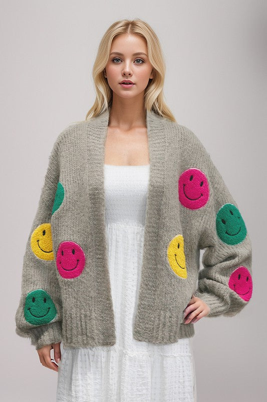 Davi & Dani Fuzzy Happy Face Patchwork Bell Sleeve Open Front Cardigan Sweater in Gray Multi