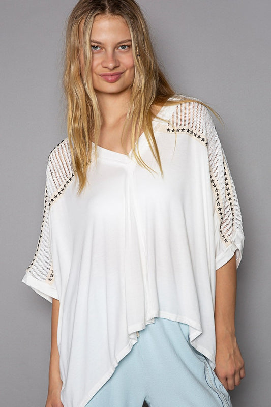 POL Oversized Crochet Lace Studded V-Neck Top in Ivory